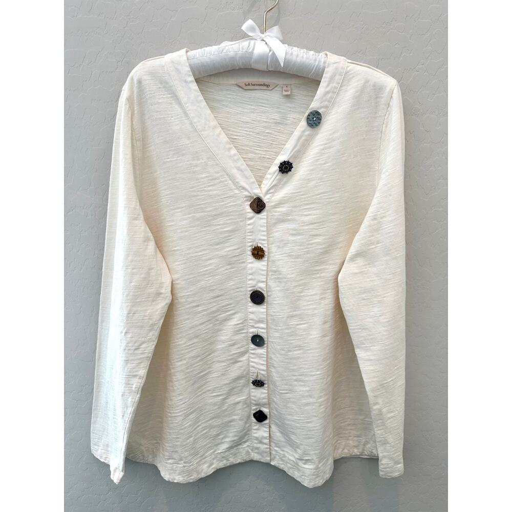 SOFT SURROUNDINGS White Embellished Button Cotton Slub Top Artsy Resort | Large